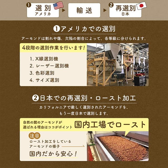 入荷したアーモンドを自社工場で製品化し、品質を自然の館で徹底的に管理しています!